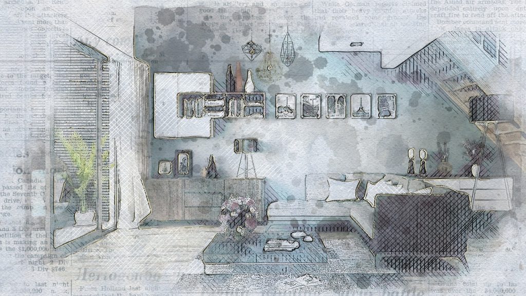 dessin architecte bleu et blanc d'un intérieur