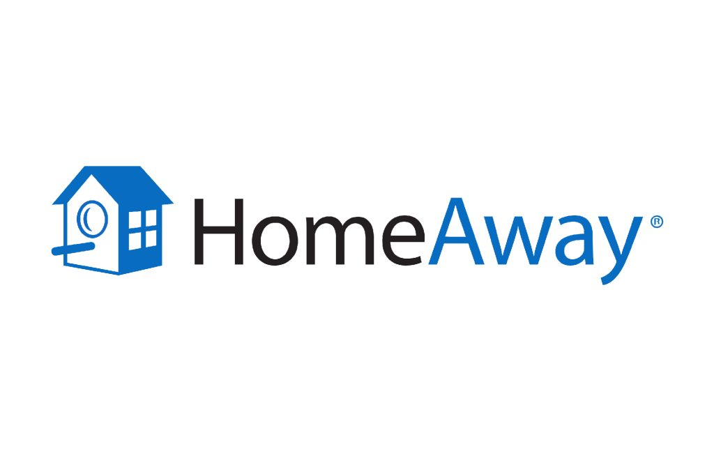 Logo HomeAway noir, bleu et blanc dessin d'une maison bleue